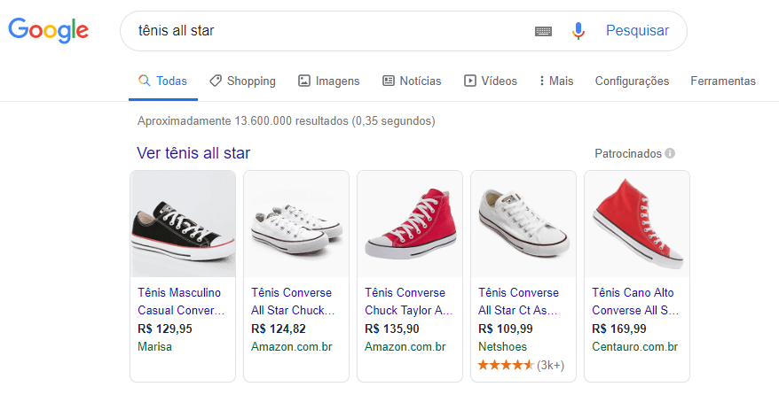 Exemplo de busca no google shopping